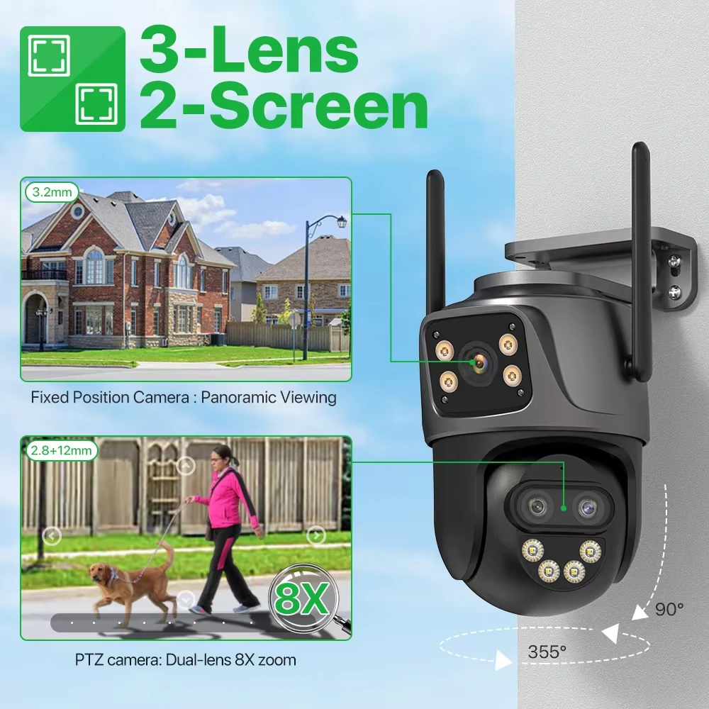 ICSee 3-Lens Outdoor Security Camera – 6K 9MP HD, 4K/8MP Dual Screen, WiFi PTZ With Auto Tracking 3 home security cameras