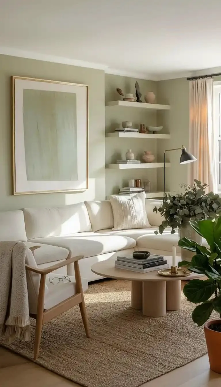 Cozy green living room with plants and sustainable decor ideas.