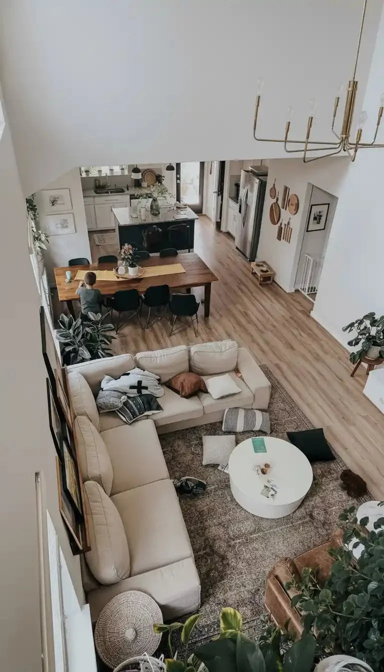 Stylish living room dining room combo with modern decor and furniture arrangement.