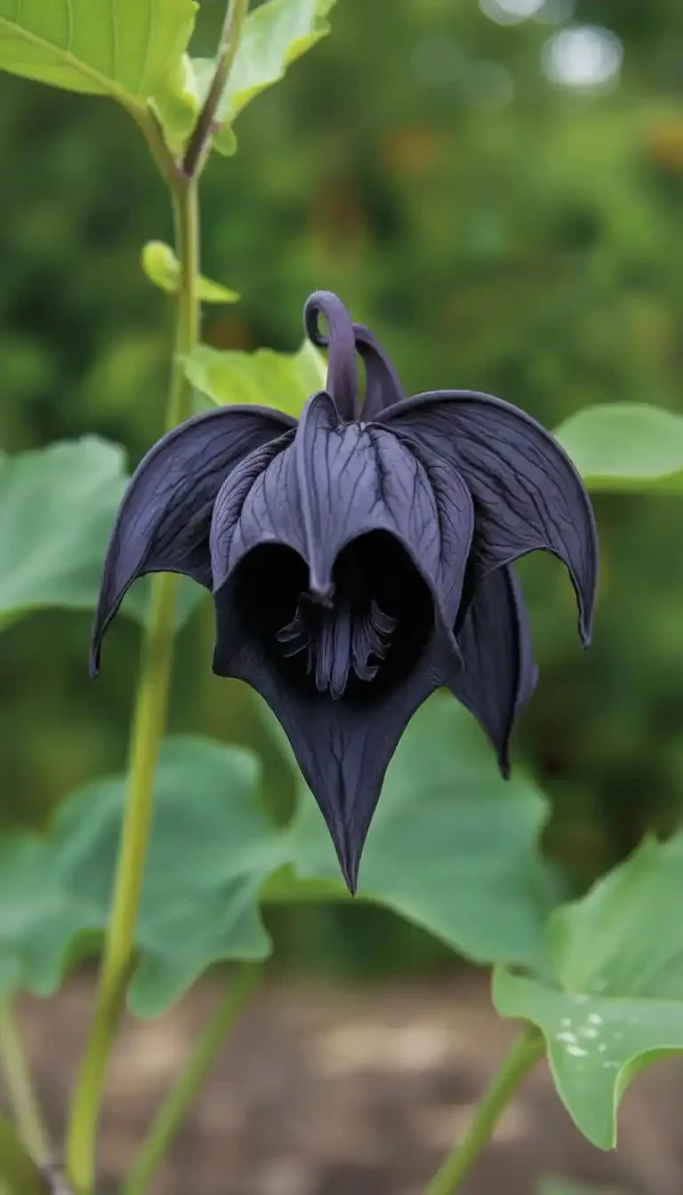 A beautifully designed goth garden with dark flowers and eerie decor.