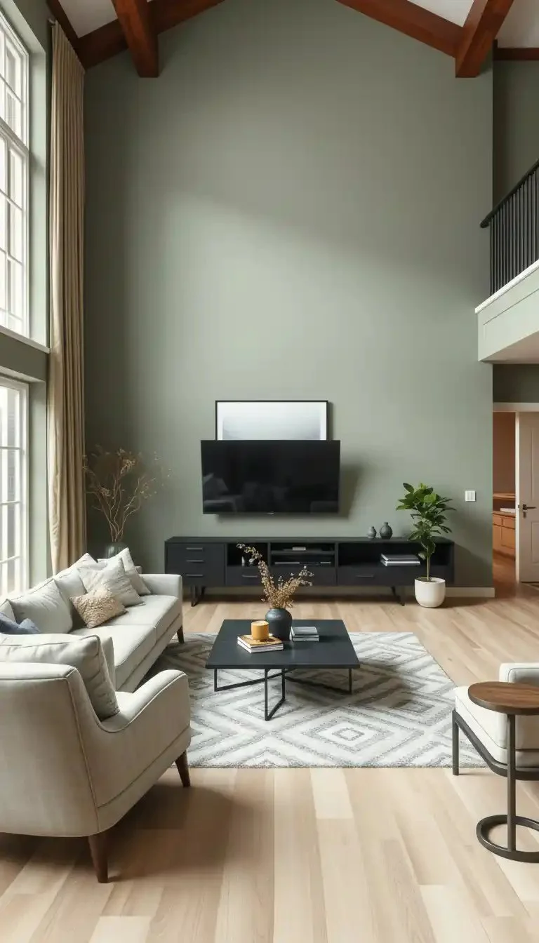 Stylish calming living room with soft colors and cozy furnishings.