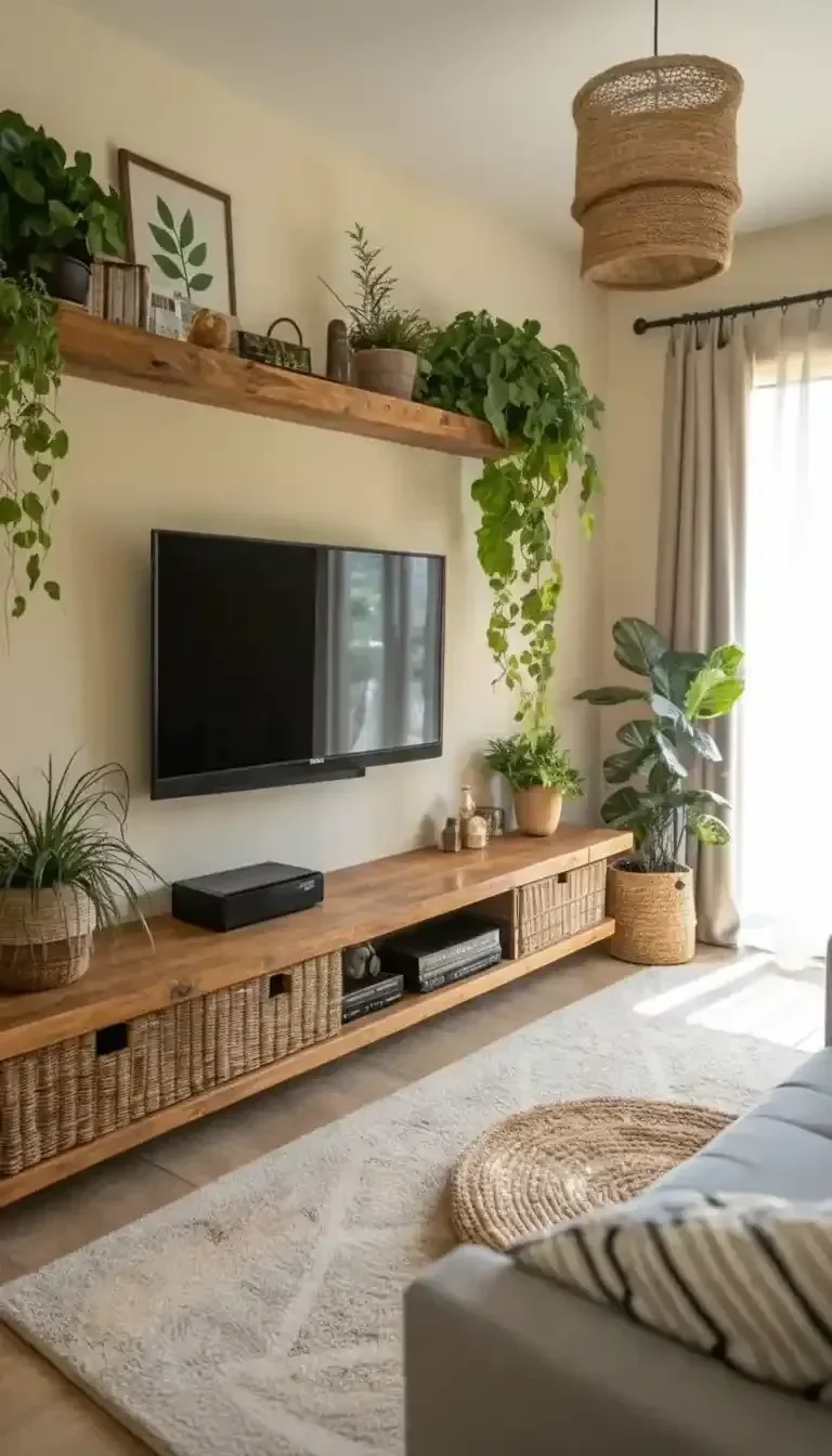 wooden floating shelves living room