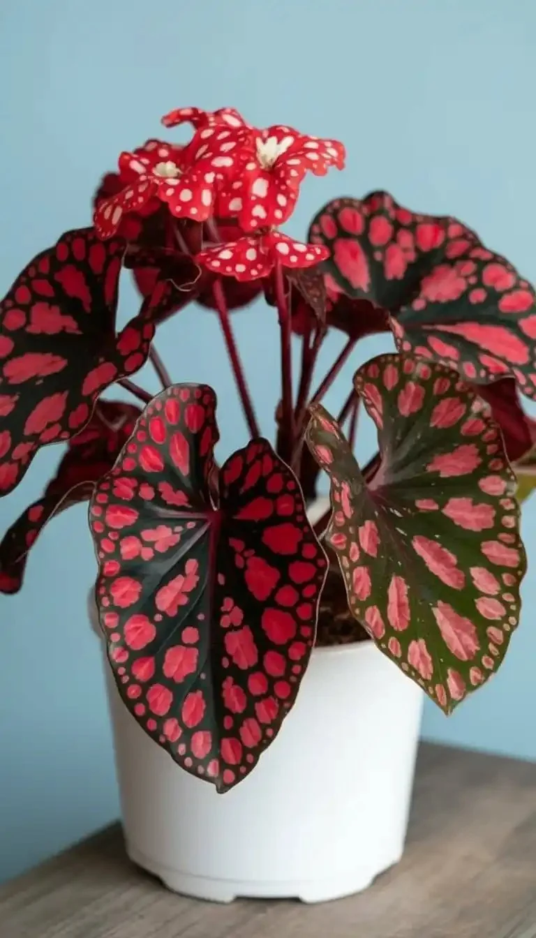Close-up of Red Butterfly Begonia leaves showcasing vibrant red and green colors