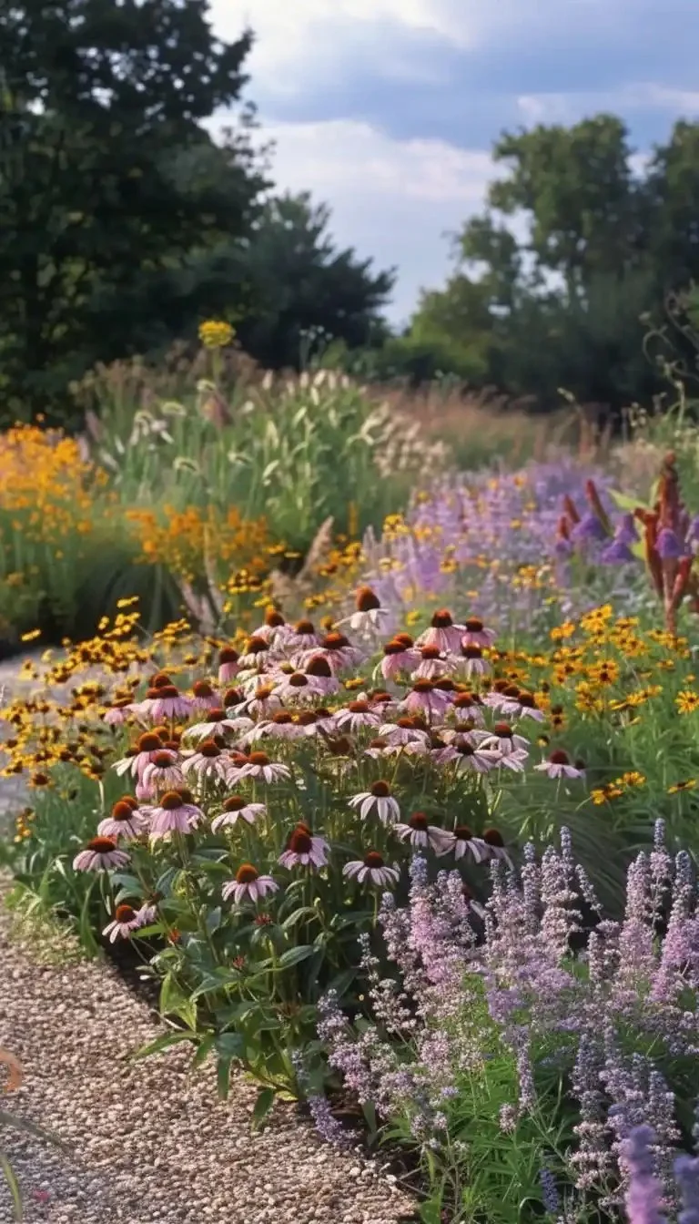 Colorful native wildflower garden in full bloom showcasing biodiversity.